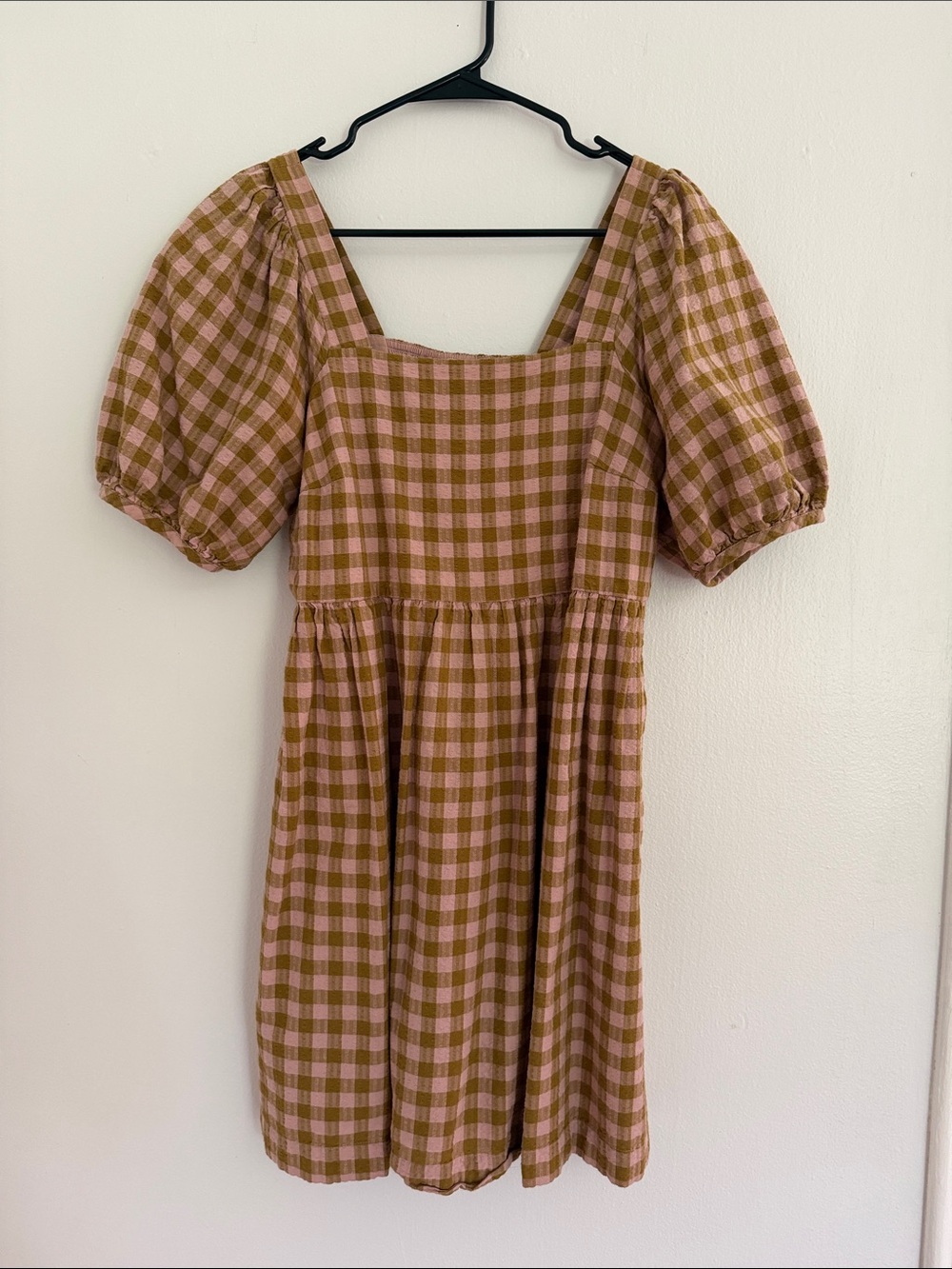 Madewell Pink & Brown Gingham Square-Neck Mini Dress